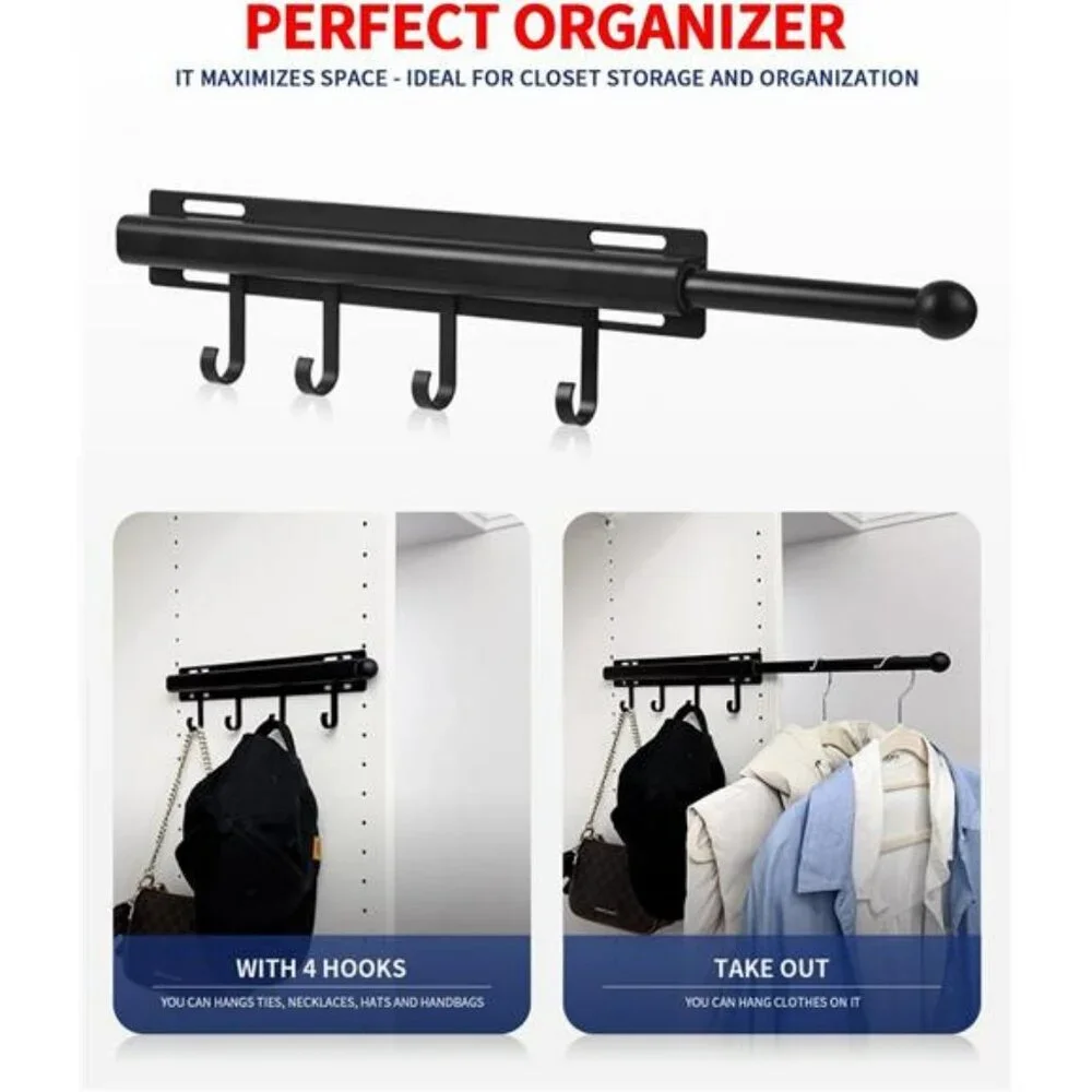 Black Closet Valet Rod 12 Inch Pull Out Clothes Hanger Rail with 4 Hooks Storage
